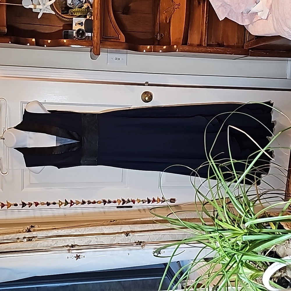 Gown Tuxedo front, NWOT size 2, navy blue, wrap style, sheer insert